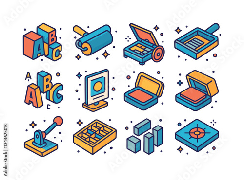 Colorful Letterpress Icons. Letterpress. Colorful isometric vect
