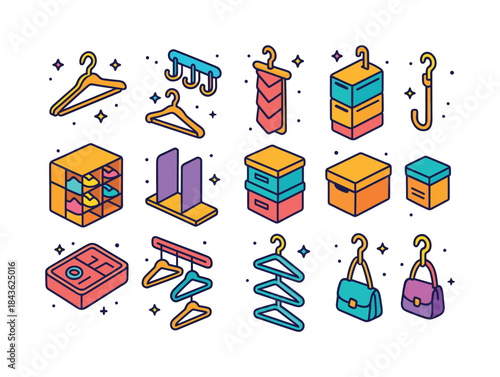 Colorful Closet Icons. Closet organization. Colorful isometric v