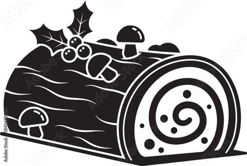 A black and white illustration of a Christmas yule log with holly and mushrooms on top.