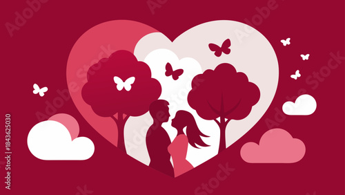 A romantic illustration of a couple's silhouette within a heart-shaped landscape featuring trees and butterflies, symbolizing love and connection