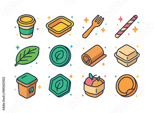 Compostable Icon Set. Compostable materials. Colorful isometric