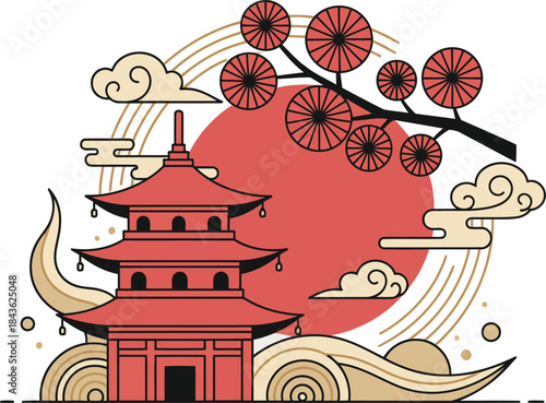 A beautiful traditional Japanese pagoda stands before a rising red sun with delicate cherry blossoms and elegant clouds