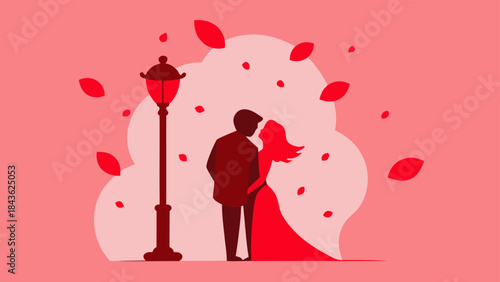 A lovely minimalist illustration capturing the tender moment of a romantic couple embracing near a street lamp with falling petals in red tones