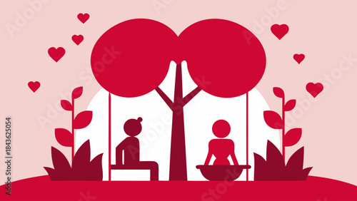 Romantic minimalist illustration featuring a loving couple enjoying a moment together on swings under a beautiful tree with hearts floating in the air