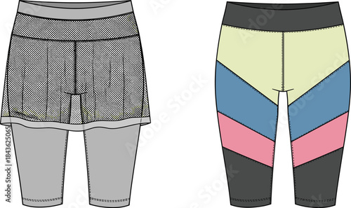 Two fashion flat sketches of athletic leggings and skort leggings athletic wear fashion sketch