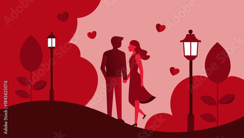 A Romantic Flat Design Illustration of a Couple Walking Hand-in-Hand Through a Park Under Lampposts and Hearts