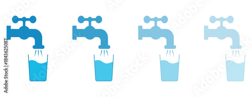 Water faucet pouring into a glass icon set, blue shades of fresh clean drinking water