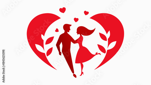 Stylized vector illustration depicting a romantic couple silhouette within a large red heart shape, symbolizing love and passion for Valentine's Day or anniversaries
