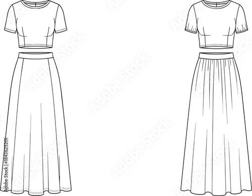 Two black line art fashion sketches of a crop top and a long skirt clothing design