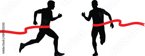 Two black silhouette male runners crossing a red finish line ribbon running race