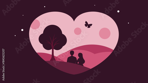 A stylized romantic illustration featuring a couple silhouette and a tree within a heart-shaped frame under a starry night sky