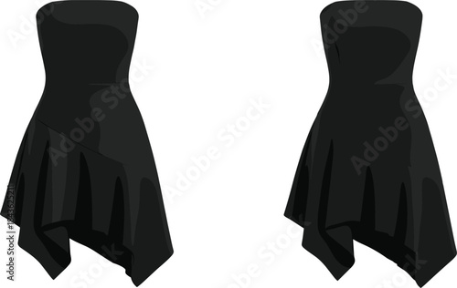 Two black strapless dresses with asymmetrical draped hemlines black dress asymmetrical hem