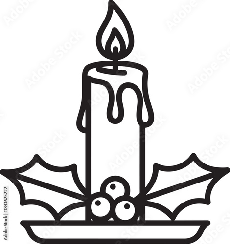 A single lit candle with a holly leaf and berry decoration on a white background.