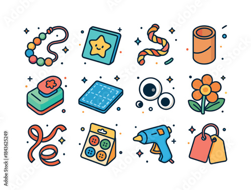 Kids Craft Icons. Kids DIY crafts. Colorful isometric vector ico