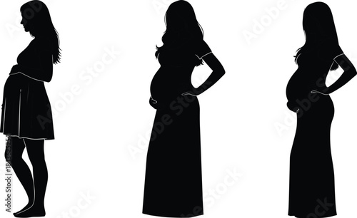 Three black silhouettes of pregnant women in profile view pregnant woman female