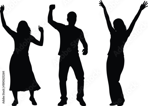 Three black silhouettes of people dancing with arms raised against a white background