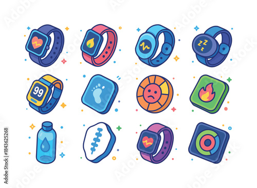 Wearable Health Icons. Wearable Health Tech. Colorful isometric