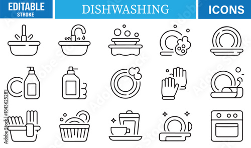 Dishwashing and kitchen cleanup icon set in editable stroke style