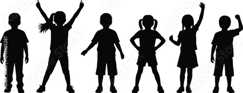 Six black silhouettes of children in various active poses on a white background kids
