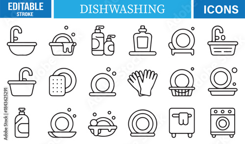 Clean line-style kitchen washing icons for home service graphics