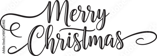 A black and white Christmas card with the words 'Merry Christmas' written in cursive.