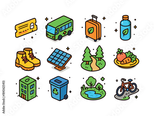 Sustainable Travel Icons. Sustainable Travel. Colorful isometric