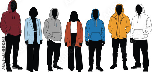 Seven figures in silhouette wearing casual and formal clothing on white background