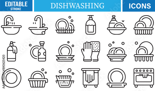 Outline icons of dish cleaning, sinks, soap, and kitchenware