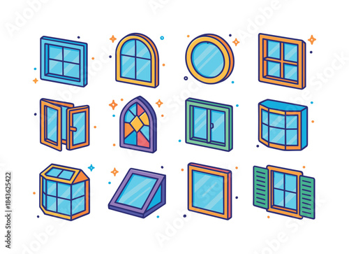 Colorful Window Icons Set. Home windows. Colorful isometric vect