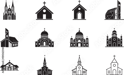A set of black and white church icons, including a cathedral, a church, and a cross.