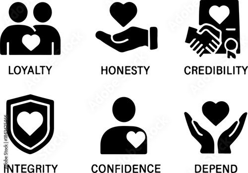 Trust Solid Glyph Icon Set – Loyalty, Honesty, Reliability, Credibility, Integrity & Confidence