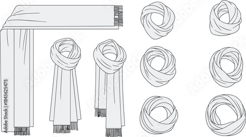 Light gray scarf with fringe shown flat and tied in multiple styles vector