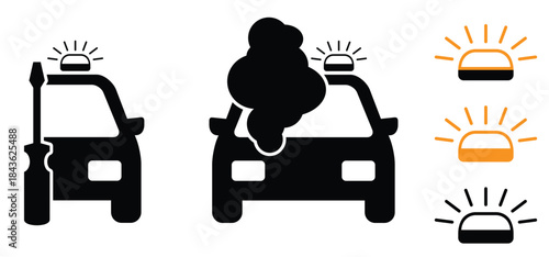 Emergency light V-16, flashing orange light. Spanish and German traffic service. Car or auto accident on the road. Crashing or car breakdown. Vehicles, attention alarm concept. urgent, siren light.