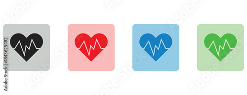 Heartbeat pulse line on heart shape icons, four colorful symbols for health and medical rhythm
