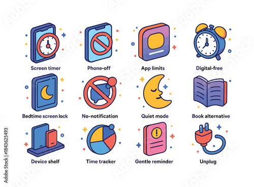 Isometric Digital Detox Icons. Reducing screen time. Colorful is
