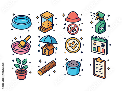 Bird Care Essentials. Bird Health. Colorful isometric vector ico