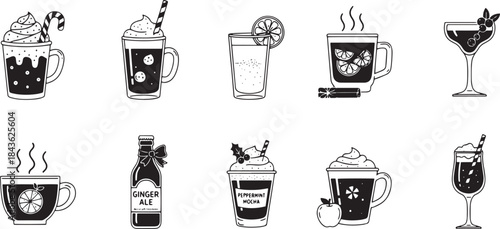 A collection of various drinks and beverages in black and white line art illustrations.