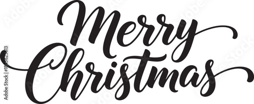 A black and white Christmas card with the words 'Merry Christmas' written in cursive.