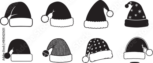 A collection of black and white Santa hats with different designs and textures.