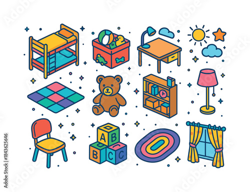 Colorful Kids Bedroom Icons. Kids bedroom. Colorful isometric ve