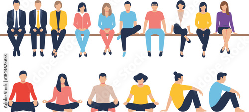 Diverse group of people in flat design style sitting and meditating on white background