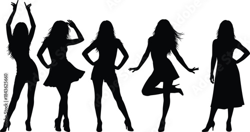 Five black female silhouettes in various poses wearing dresses and high heels woman