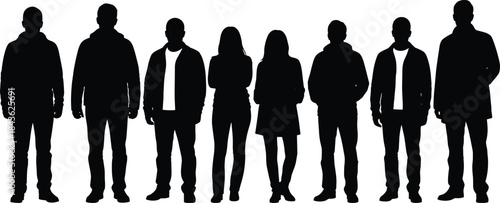 Diverse group of black human silhouettes standing together on a white background