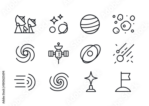 Deep Space Icon Set. Deep space exploration. Line icon set of De