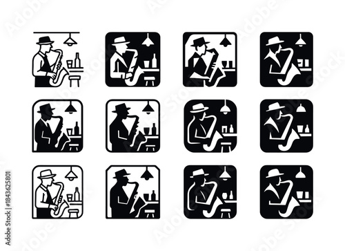 Saxophone Jazz Emblems. A jazz musician playing a saxophone in a