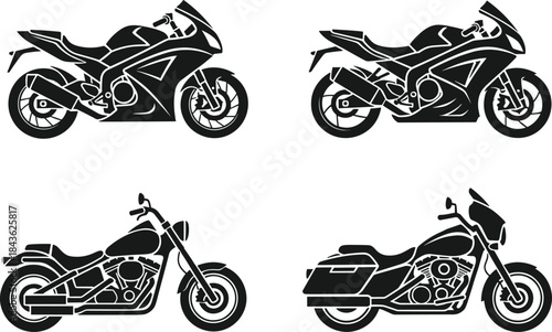 Motorcycle silhouette illustration, sport bike, cruiser design, black vector, vehicle comparison, riding posture, classic motorcycle, speed icon, transport graphic, biker style