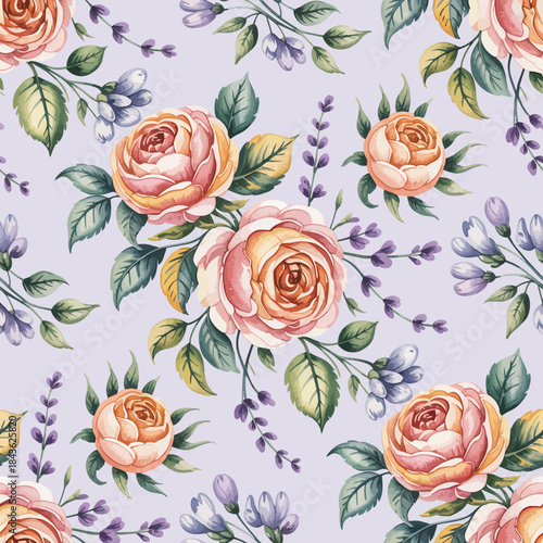 A lovely floral pattern featuring roses and other flowers with delicate colors, perfect for fabric, wallpapers, or any design needing a touch of nature's beauty and elegance.