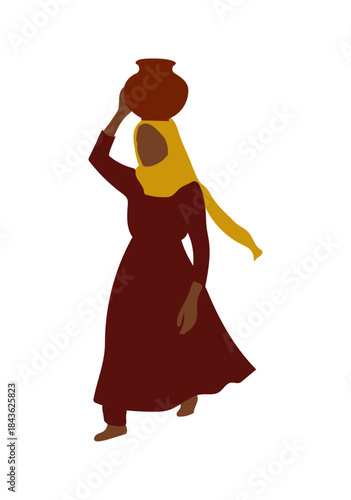An Indian woman carrying a water pot on her head, reflecting strength, tradition, and resilience.
