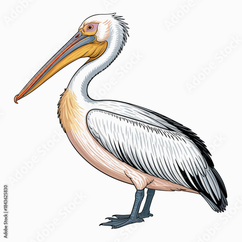 This image features a detailed illustration of a pelican, showcasing its distinctive long bill and elegant posture amidst a calm background, representing nature's beauty.