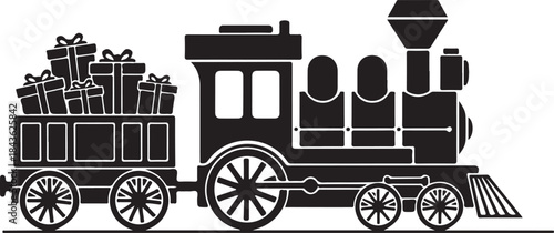 Black and white train with cargo of wrapped gifts on tracks locomotive wrapped presents